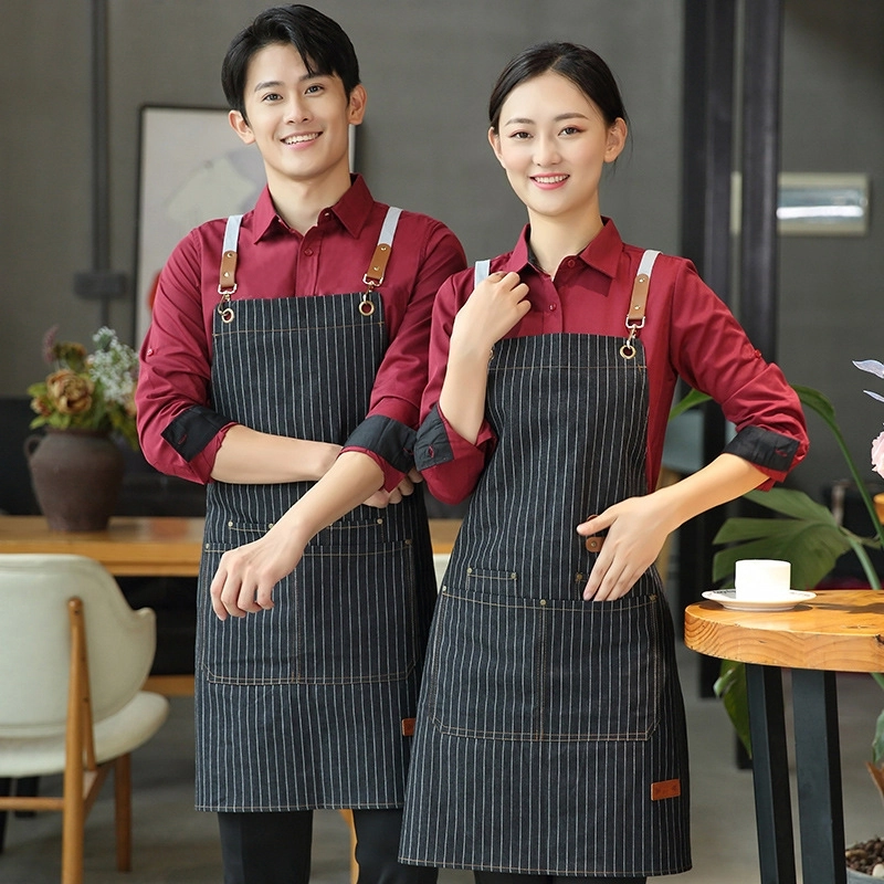 2025 Europe upgraded black denim stripes halter apron cafe water proof apron uniform