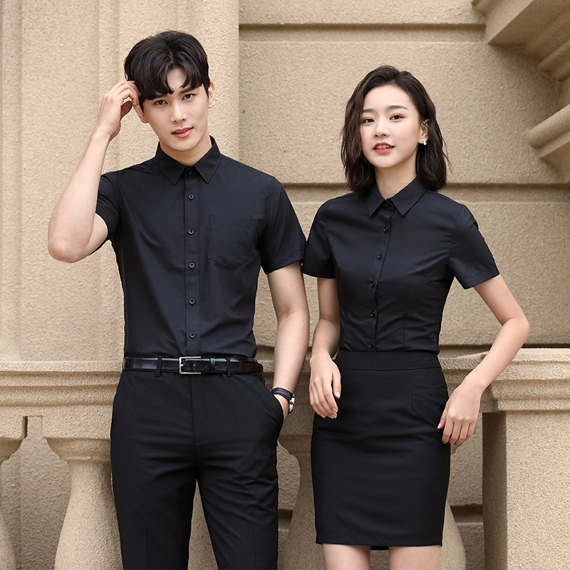 2025 summer short sleeve cafe pub solid color office work shirt uniform women men shirt