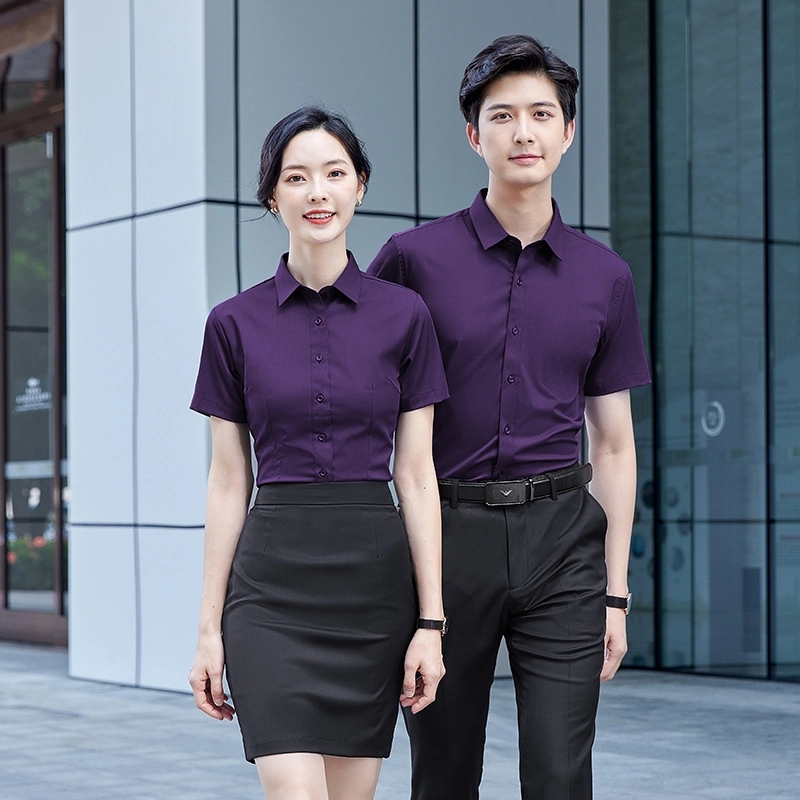2025 summer short sleeve solid color office work  shirt  uniform for women men business shirt