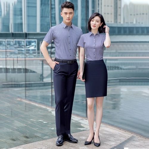 2025 short sleeve office business formal work  stripes shirt for women men shirt discount