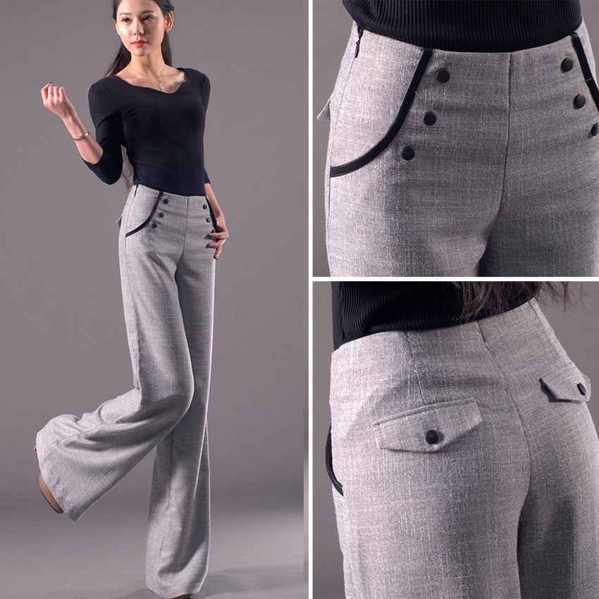 Korea linen invisible zipper office career work women's wide leg pant trousers jeans