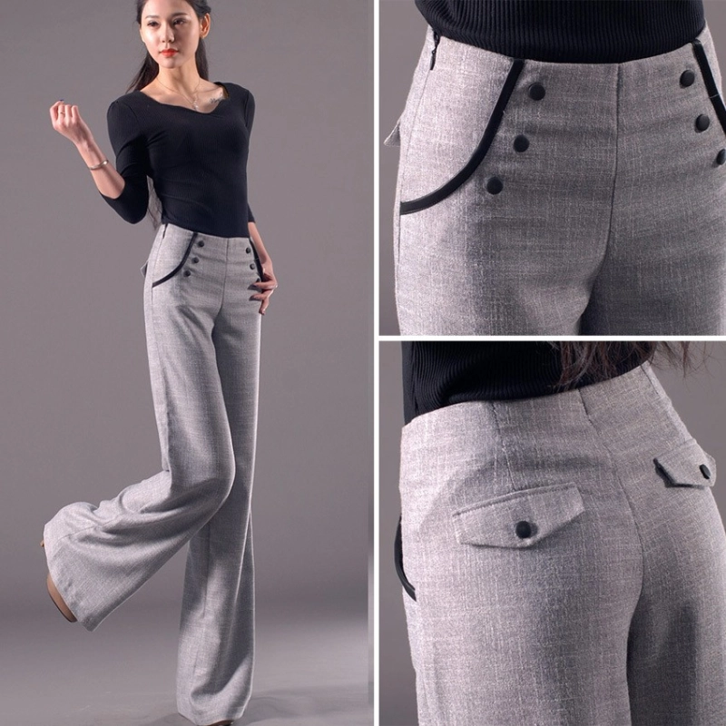 Korea linen invisible zipper office career work women's wide leg pant trousers jeans