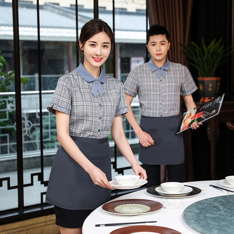 2025 checkered printing short sleeve tea house/ hot pot men women waitress waiter jacket wait staf uniform