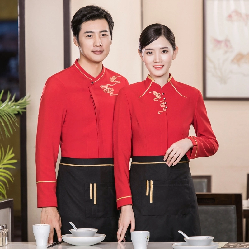 2025 Chinese design long sleeve tea house/ hot pot embroidery waitress waiter jacket wait staff blouse