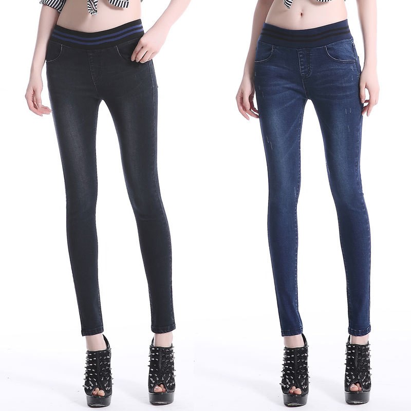 elastic sexy waist with pocket autumn winters women lady's jeans pant trousers