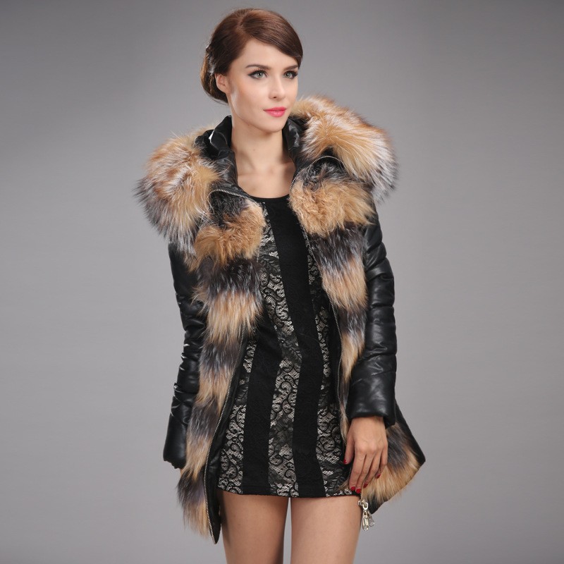 winter fox collar white duck down upgraded PU leather thicken women coat Official Authentic High Cost-Performance