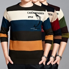  long sleeve round collar wide stripes kinitted young men's t-shirt