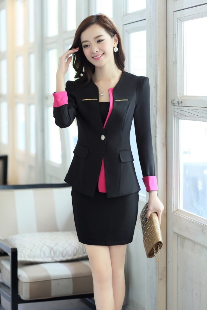 casual one button roll hem collarless office Lady OL women's skirts suits