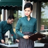 long sleeve waiter waitress band collar shirt uniform Color women blackish green