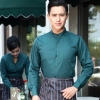 long sleeve waiter waitress band collar shirt uniform Color men blackish green