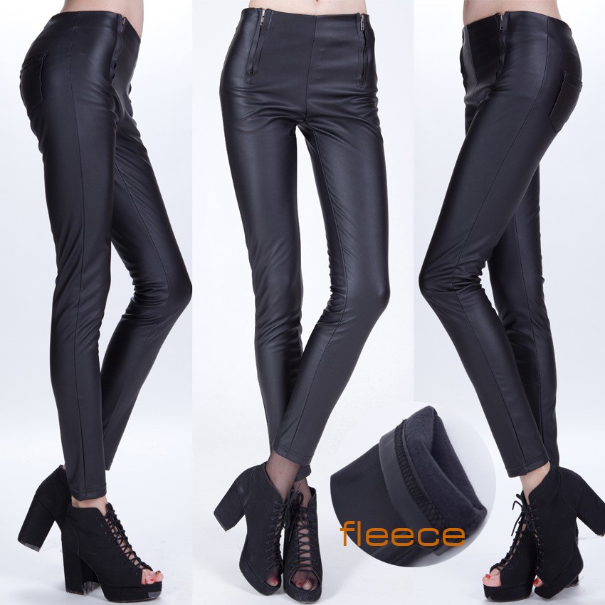 dual zipper sexy fleece lining high quality PU leather pant leggings tights