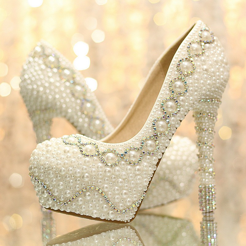 fashion grace design pearl bead crystal shoes wedding bride high heel pump
