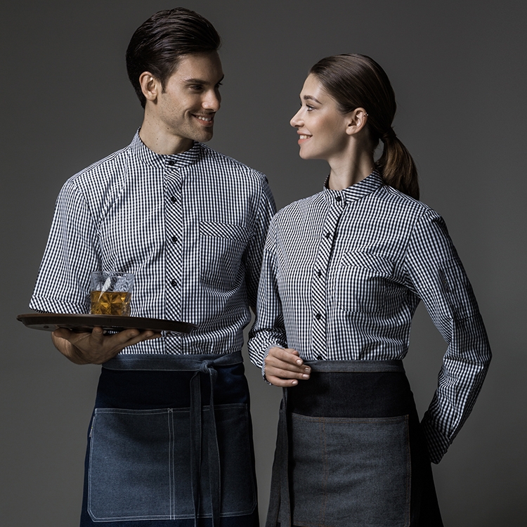 grid printing long sleeve waitress waiter  uniform shirt