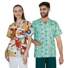 hot sale v-collar nurse uniform jacket top floral print men women nurse scrubs