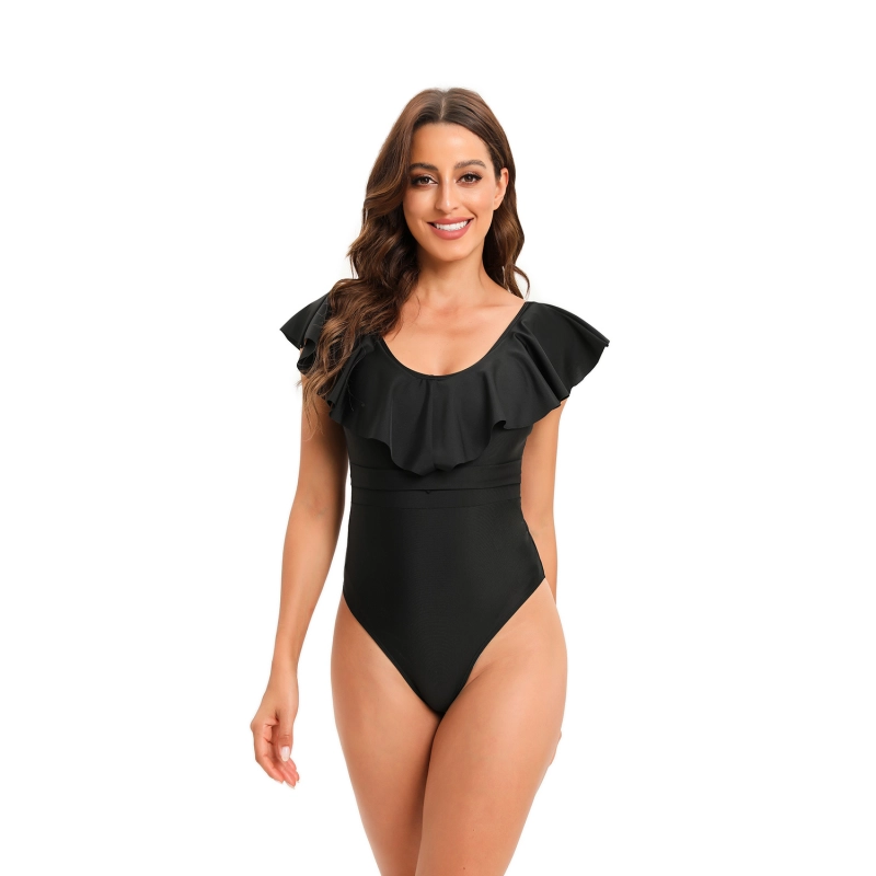 fashion ruffle hem plant printing solid black color lady bikini swimwear for women one-piece swimsuit MX2505