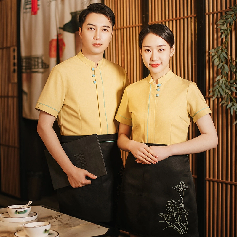 2025 fashion yellow shirt restaurant unform short sleeve shirt with apron design discount