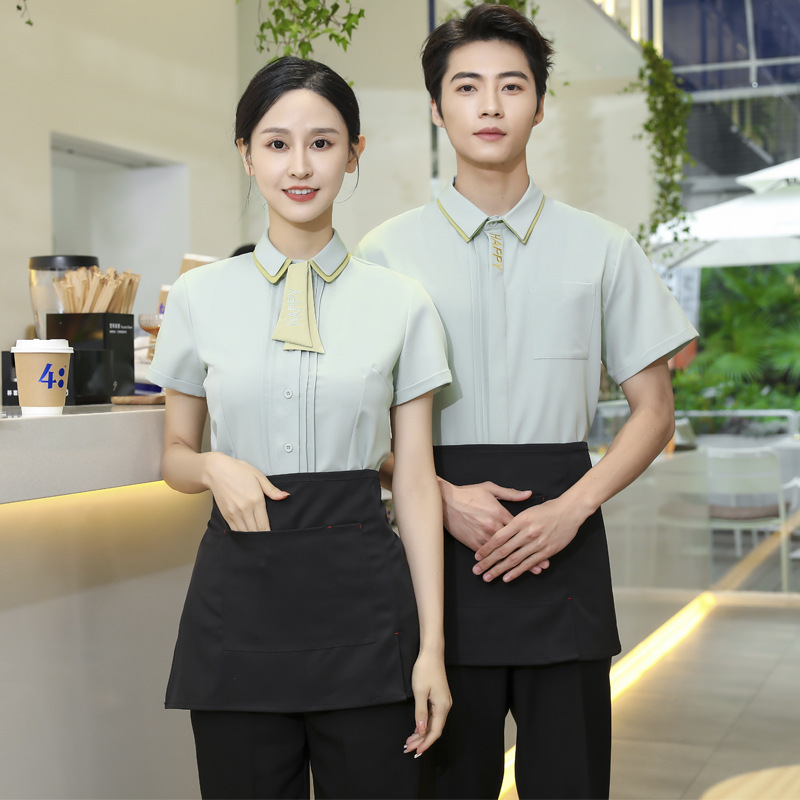 Asian style waiter waitress shirt with apron tea house bar uniform