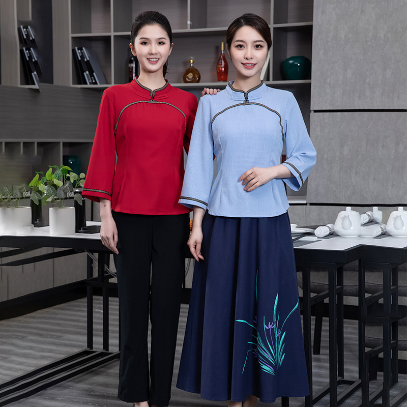2022 chinese style women watiress blouse tea house workwear