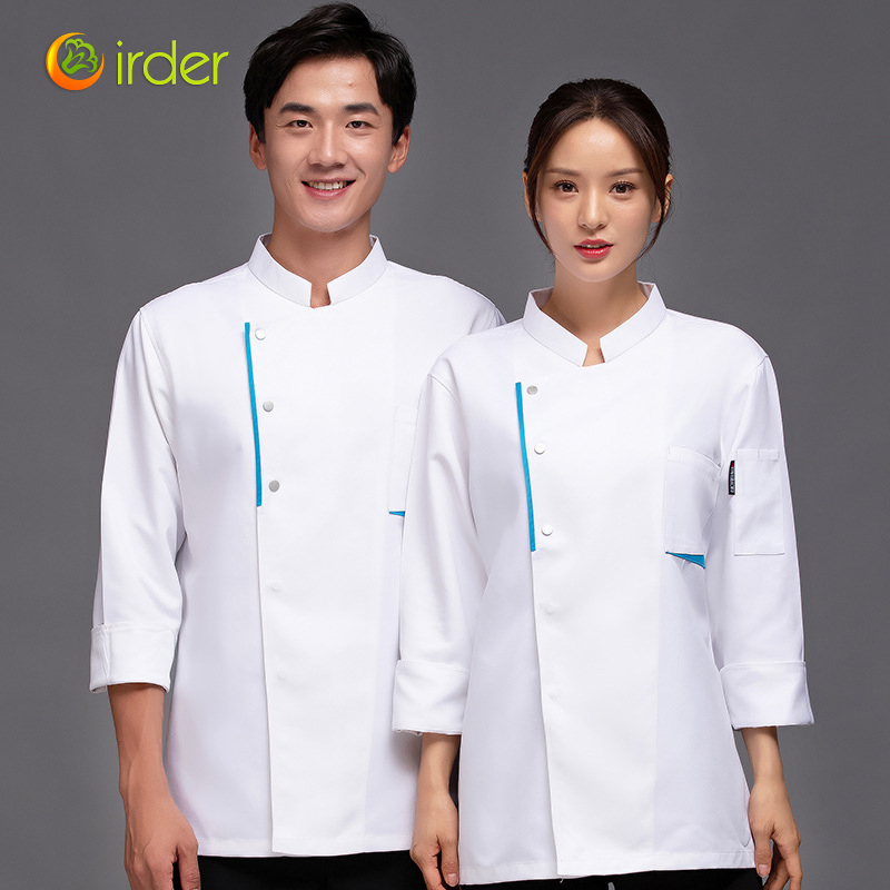 Asian design blue hem restaurant chef staff uniform working jacket