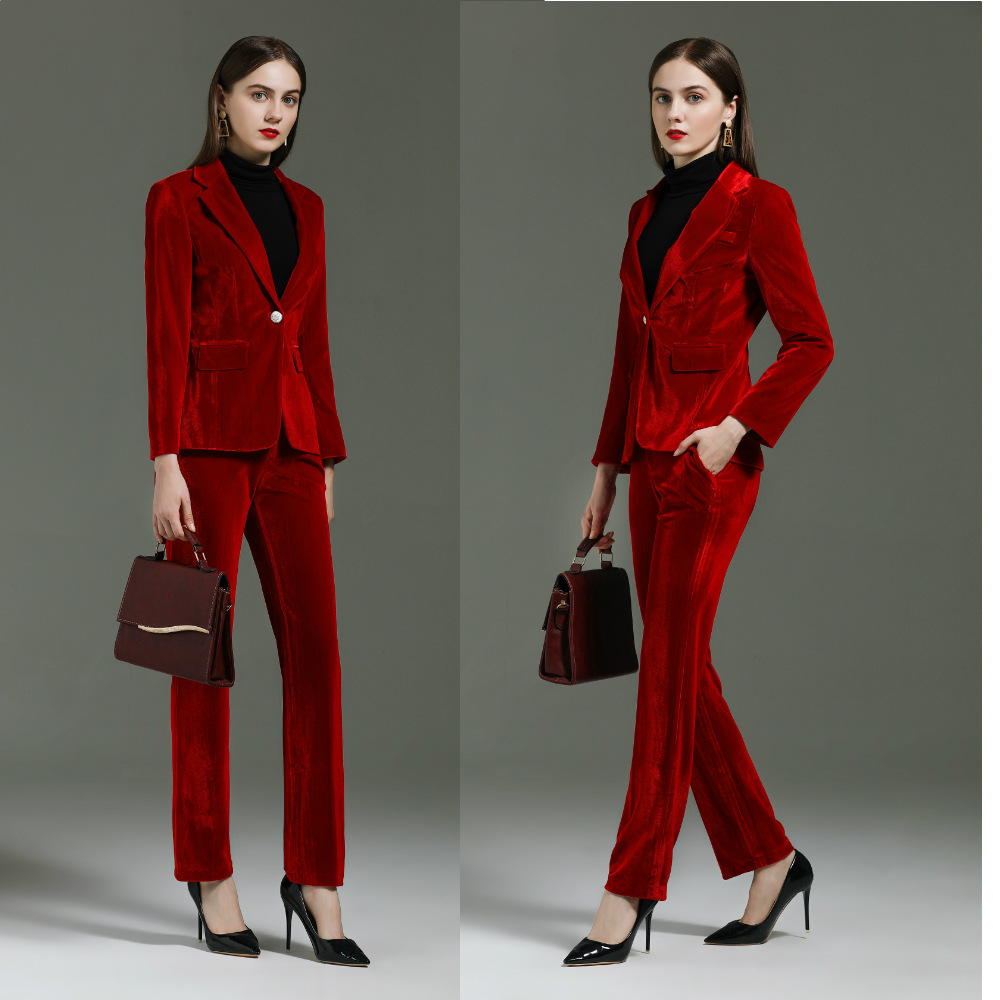 America hot sale red pleuche fabric long sleeve women pant suit bank clerk uniform